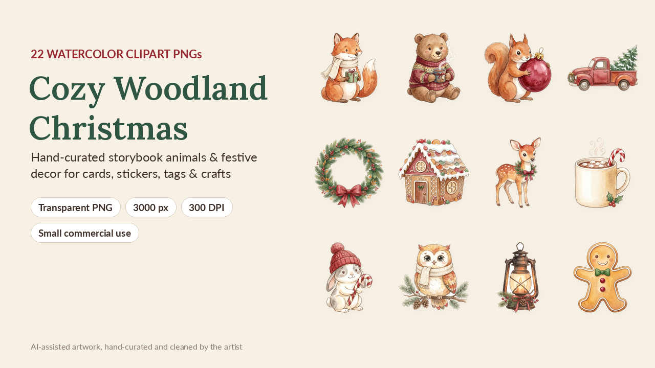 Cozy Woodland Christmas Watercolor Clipart cover